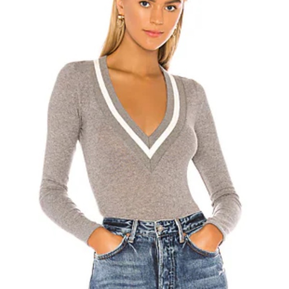 🎁NEW Sexy Sporty East Kennedy Emery Silkies Gray stripe Bodysuit blouse- Medium